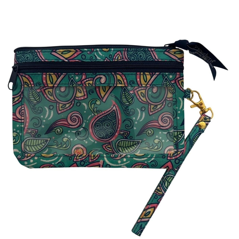 Simply Southern Teal Paisley ID Wristlet Wallet Zip Pouch with Clear Window